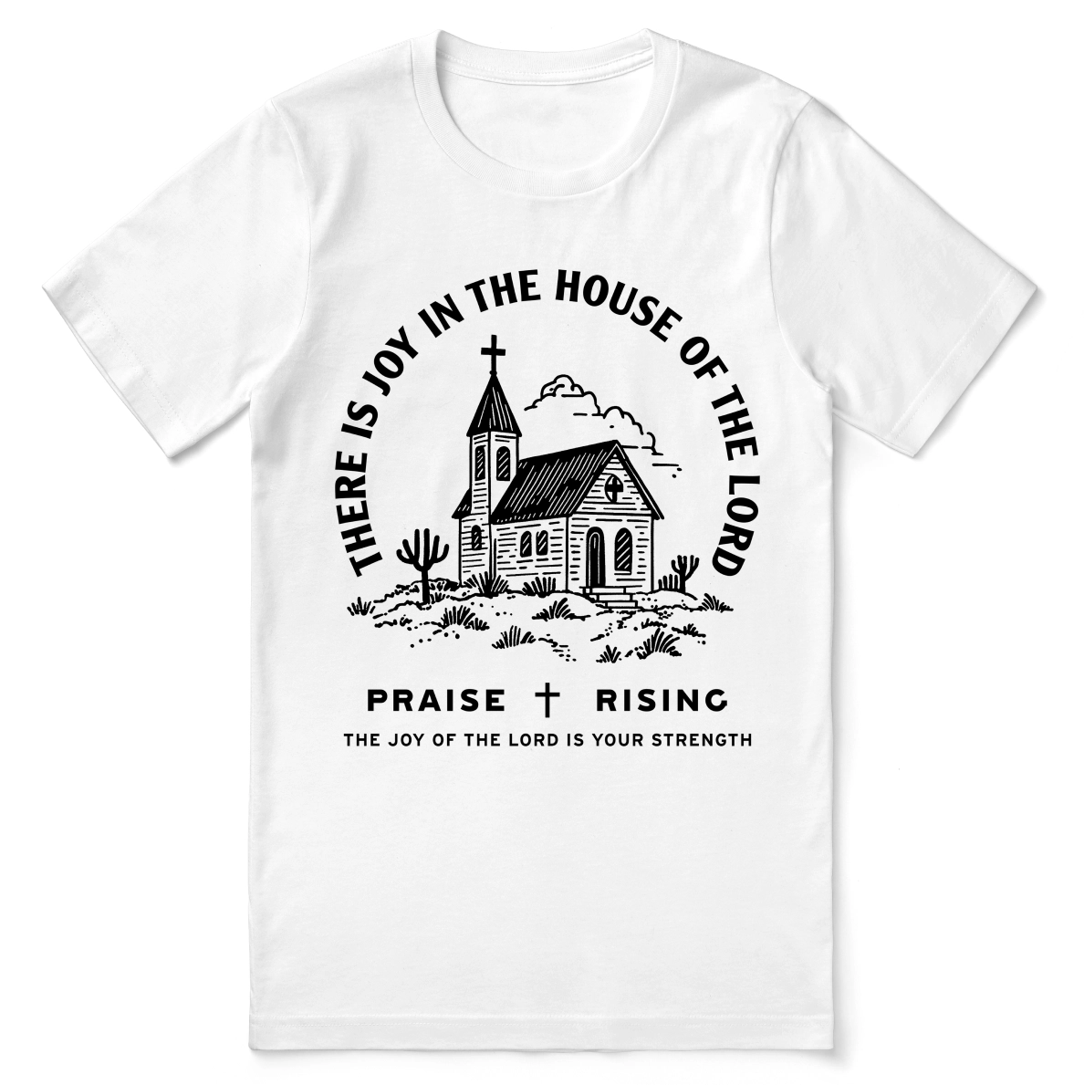 Christian t-shirt with the phrase “Joy in the House of the Lord”; soft unisex cotton worship tee designed to express praise, joy, and daily faith.