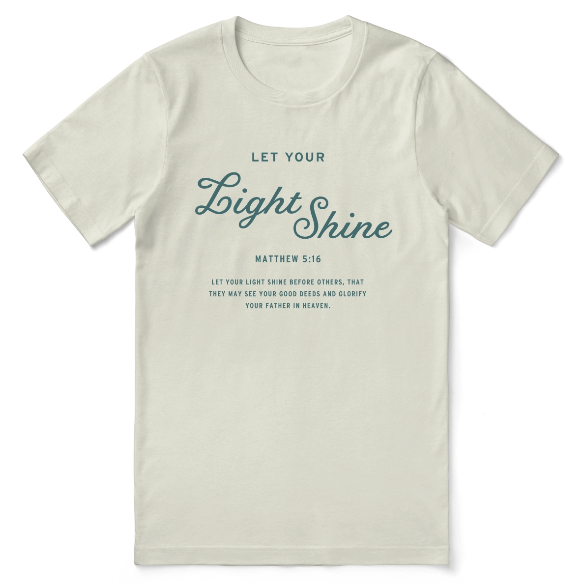 Christian t-shirt with the phrase "Let Your Light Shine" in bold script, designed to inspire faith and positivity.