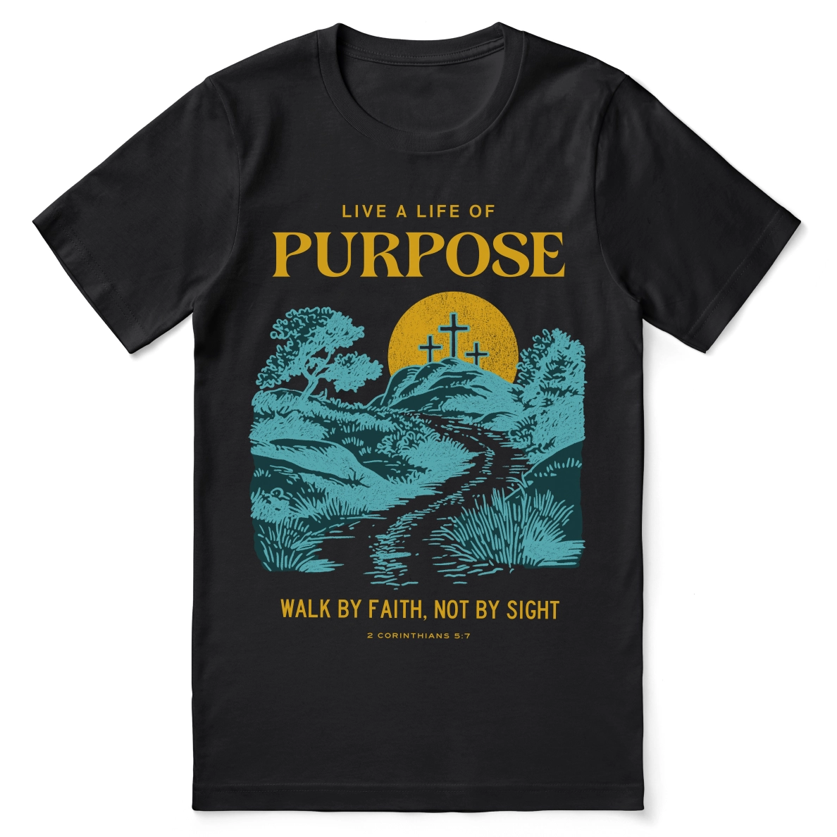 Christian t-shirt with the phrase “Live a Life of Purpose” in modern type; soft unisex tee for walking in your calling and living with God-centered intention.
