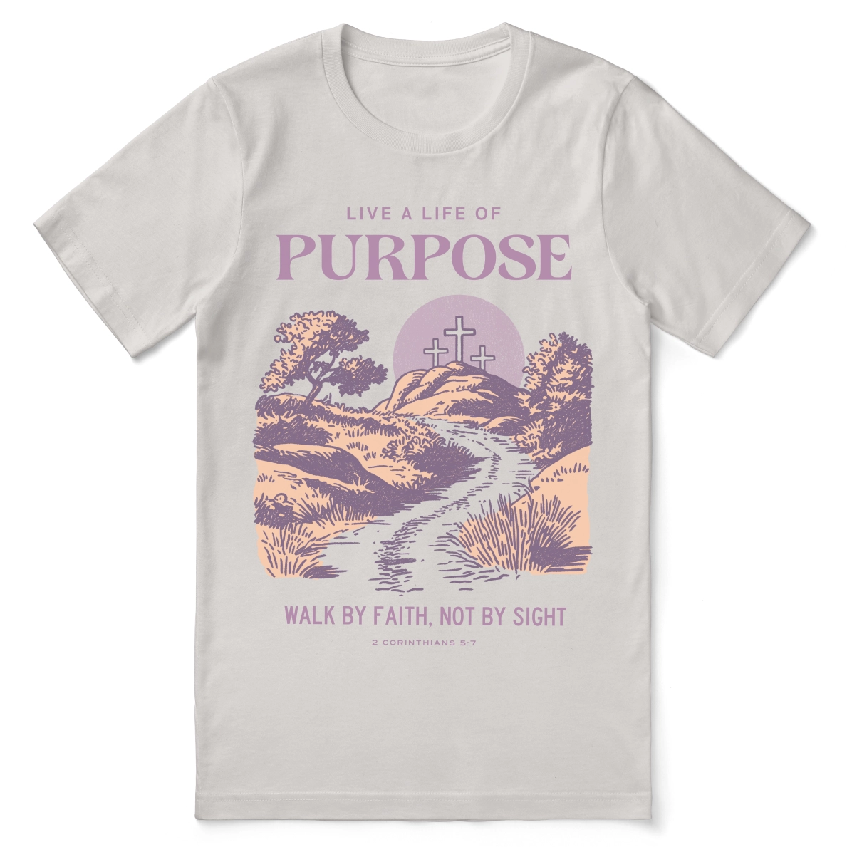 Christian t-shirt with the phrase “Live a Life of Purpose” in modern type; soft unisex tee for walking in your calling and living with God-centered intention.