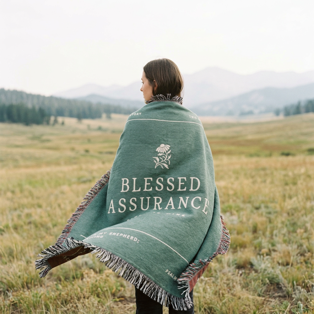 Person wrapped in a 'Blessed Assurance' blanket in a field with mountains in the background