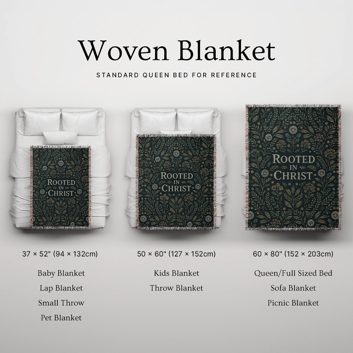 Faith-inspired woven blanket with floral patterns and the phrase “Rooted in Christ,” made from soft cotton—Christian home decor and gift.
