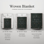 Faith-inspired woven blanket with floral patterns and the phrase “Rooted in Christ,” made from soft cotton—Christian home decor and gift.
