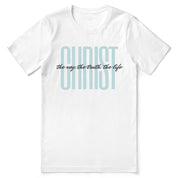 Christian t-shirt with the phrase “The Way, The Truth, The Life” inspired by John 14:6—bold faith apparel declaring Jesus as the only way, perfect for everyday wear or Christian gifting.