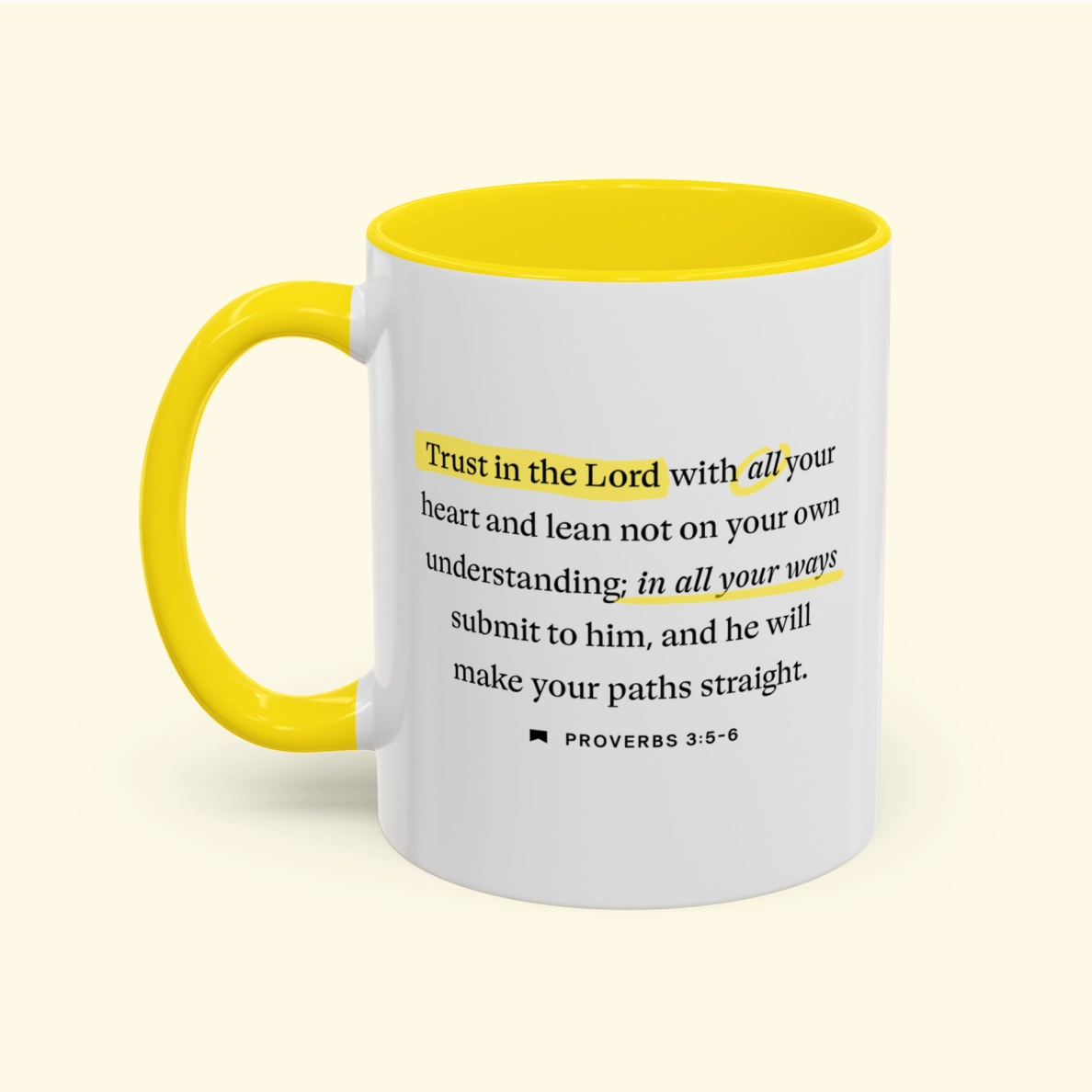 Bundle of colorful ceramic mugs featuring highlighted Bible verses, styled like a marked-up Bible page; a vibrant and inspiring Christian gift set.