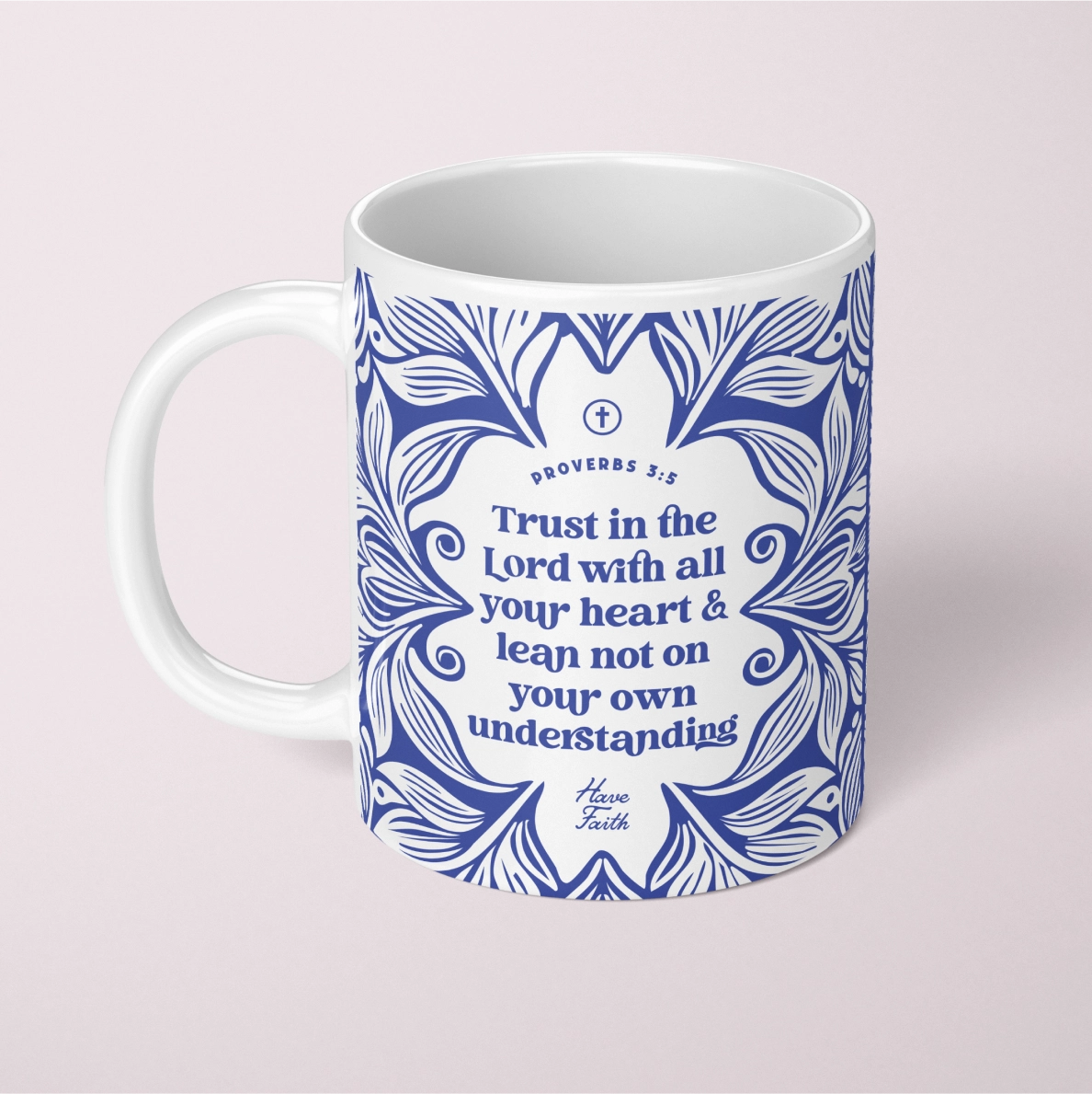 Christian ceramic mug with “Trust in the Lord” message, inspired by Proverbs 3:5—an uplifting reminder for faith-filled mornings and meaningful daily encouragement.