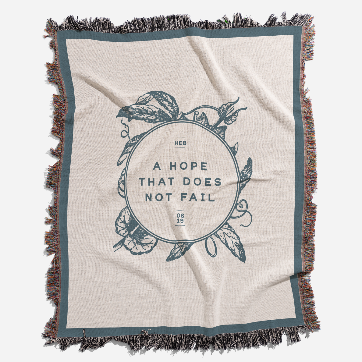 Blanket with text and design on a white background