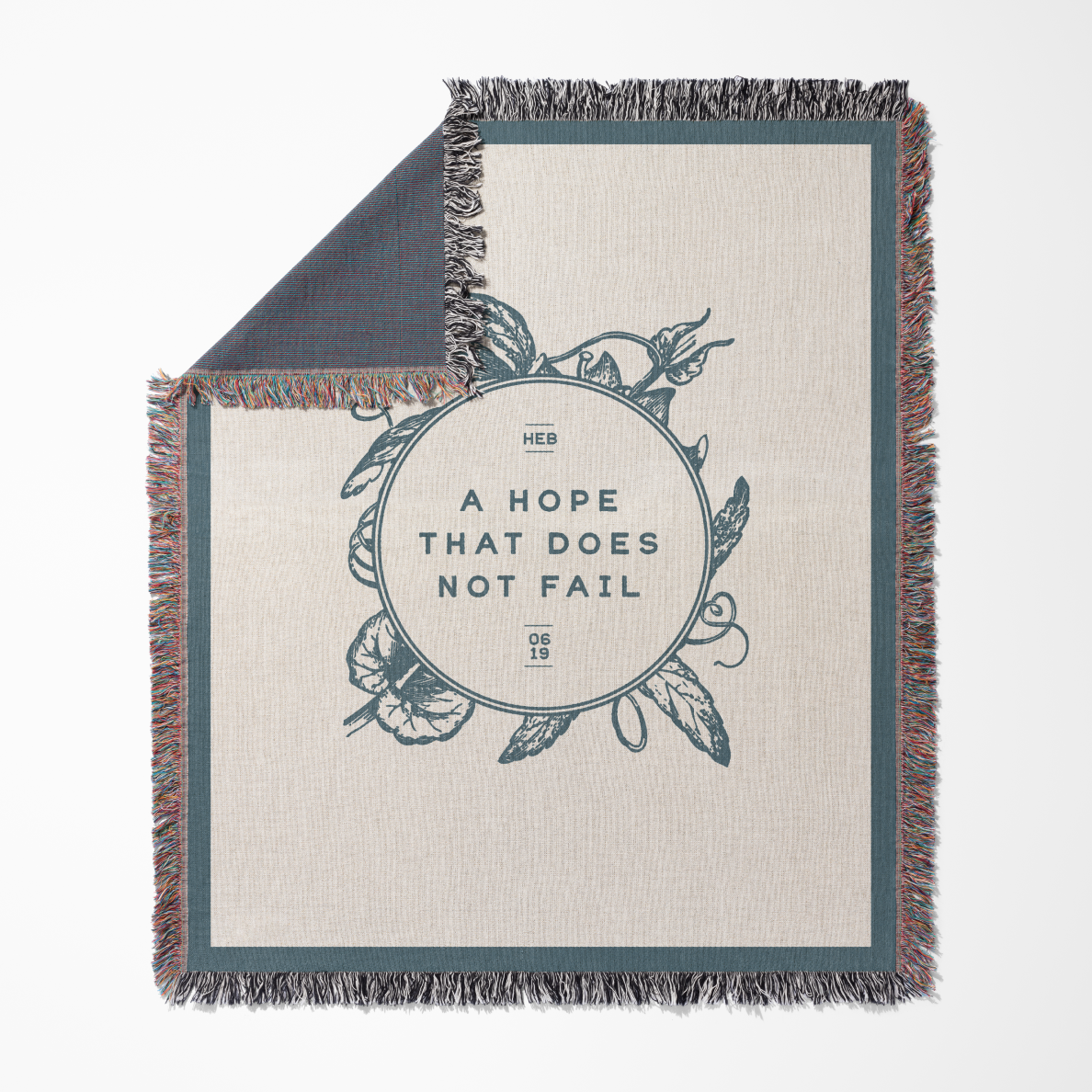 Blanket with text and design on a white background