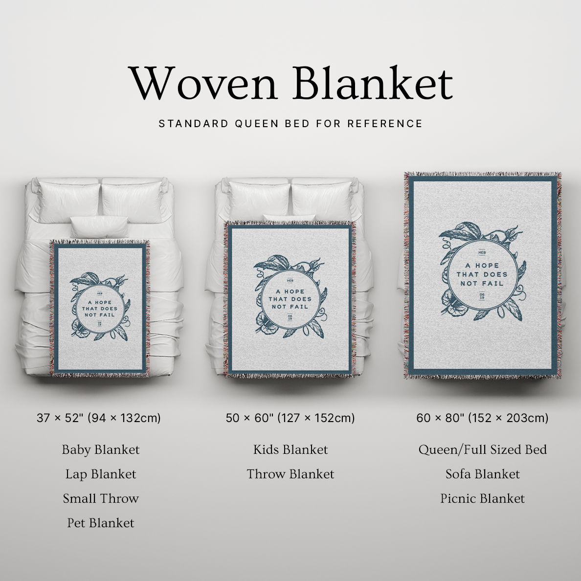 Woven blanket with different sizes displayed on a bed for reference.