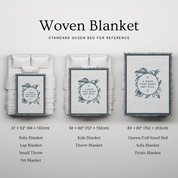 Woven blanket with different sizes displayed on a bed for reference.