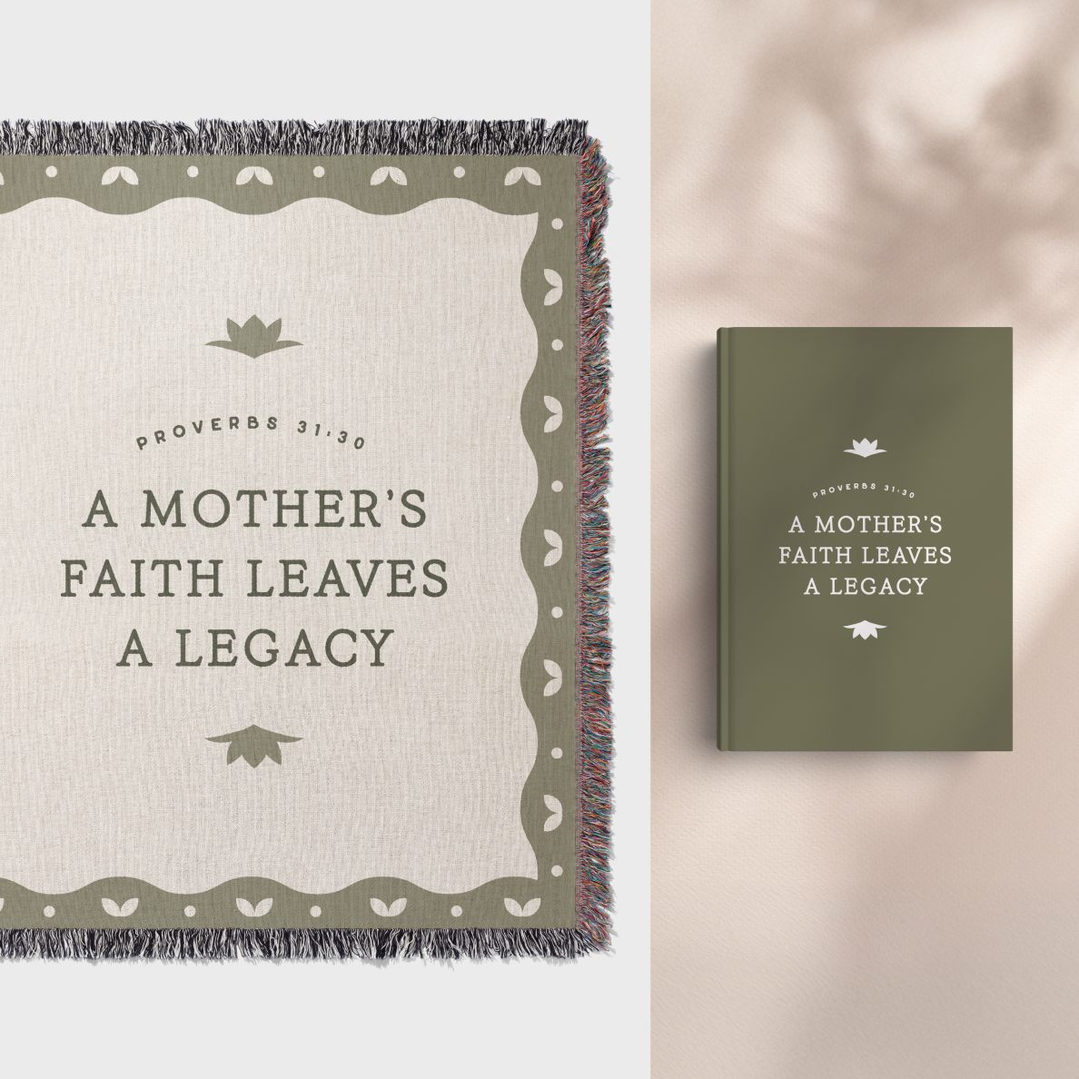 Blanket and book with 'A Mother's Faith Leaves a Legacy' text on a neutral background