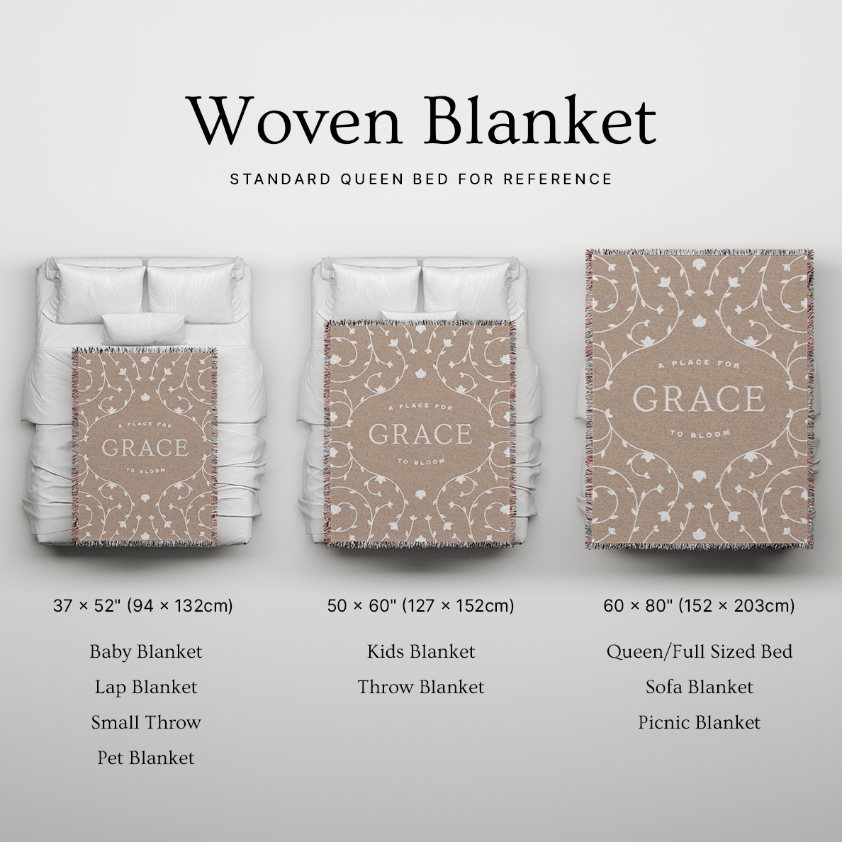 Woven blanket with size options and 'Grace' branding on a light gray background