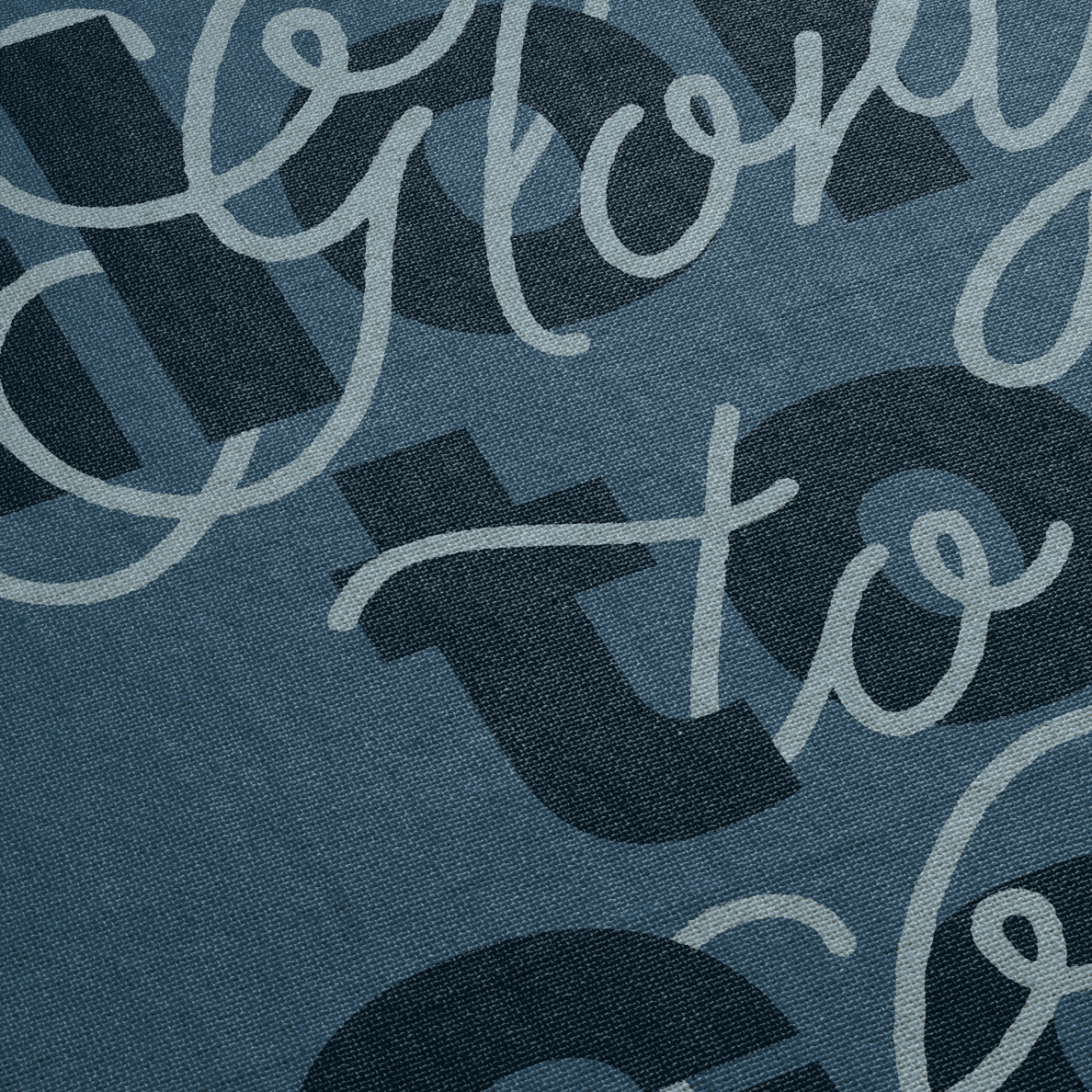 Text pattern with 'I love you' on a blue fabric background