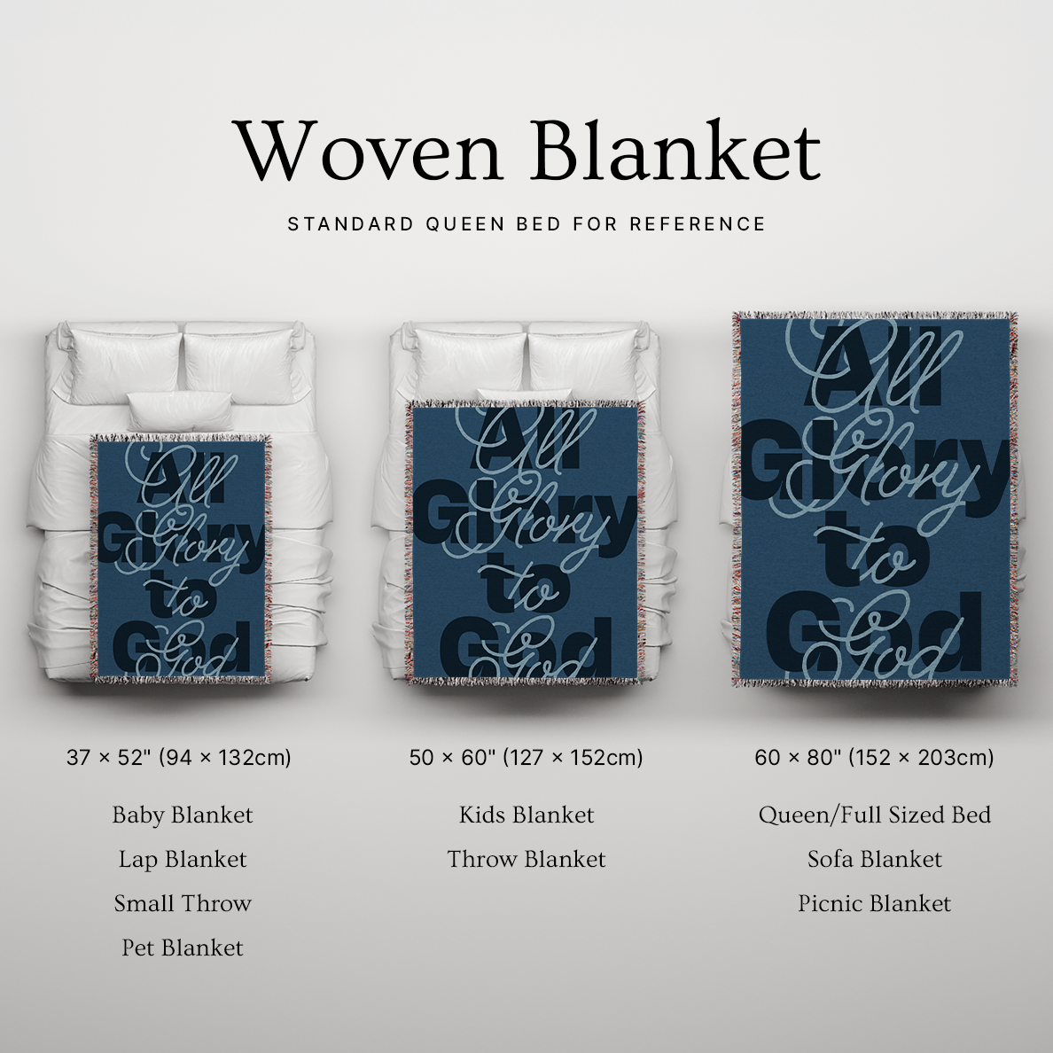 Woven blanket with text displayed on a bed for reference, showing different sizes.