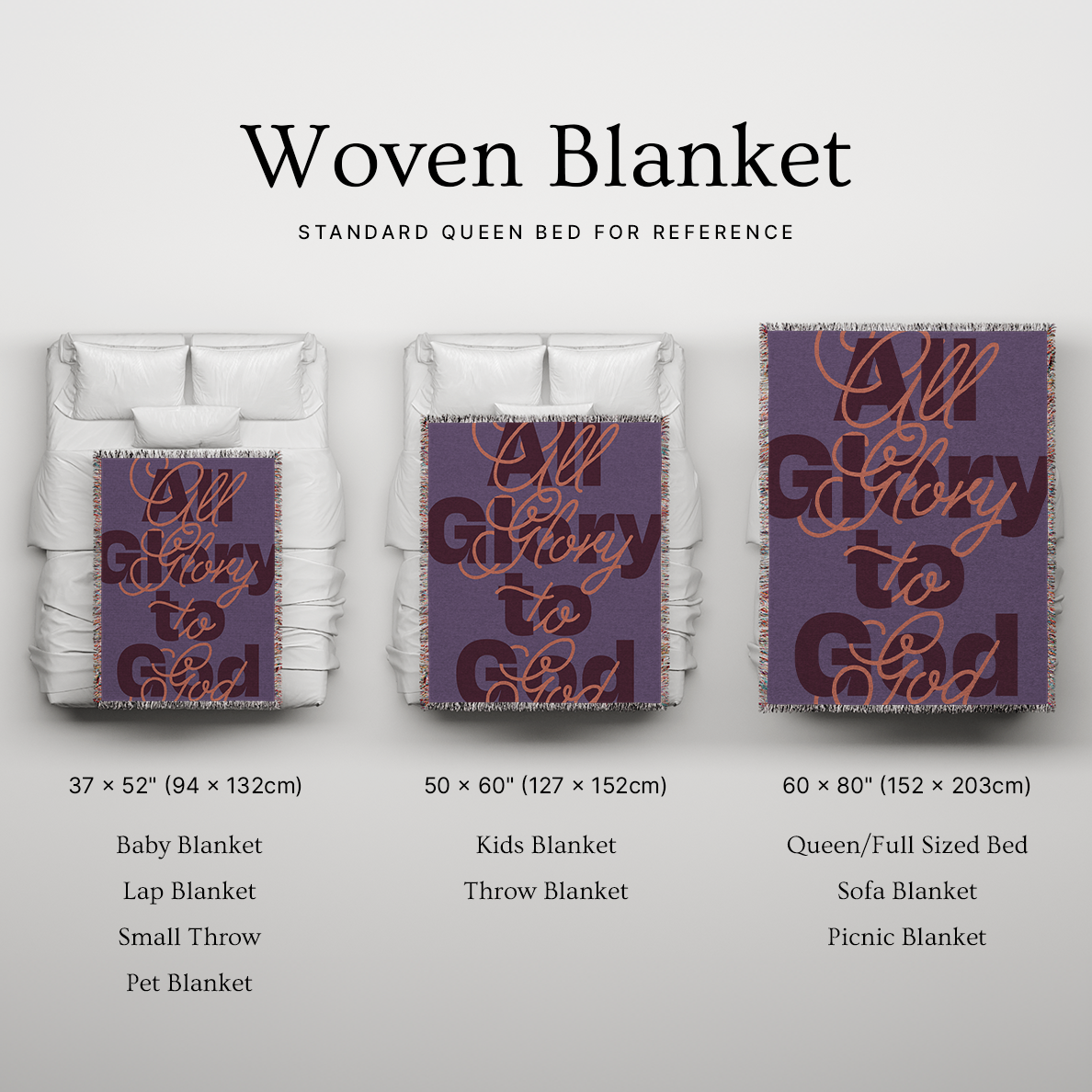 Woven blanket with text displayed on a bed for reference, showing different sizes.