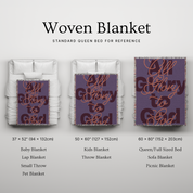 Woven blanket with text displayed on a bed for reference, showing different sizes.