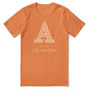 Orange t-shirt with a decorative letter 'A' and text on a white background