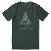 Green t-shirt with 'A is for Amazing Grace' design on a white background
