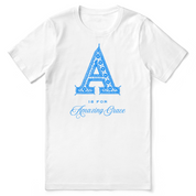 White t-shirt with blue letter 'A' and text on a white background