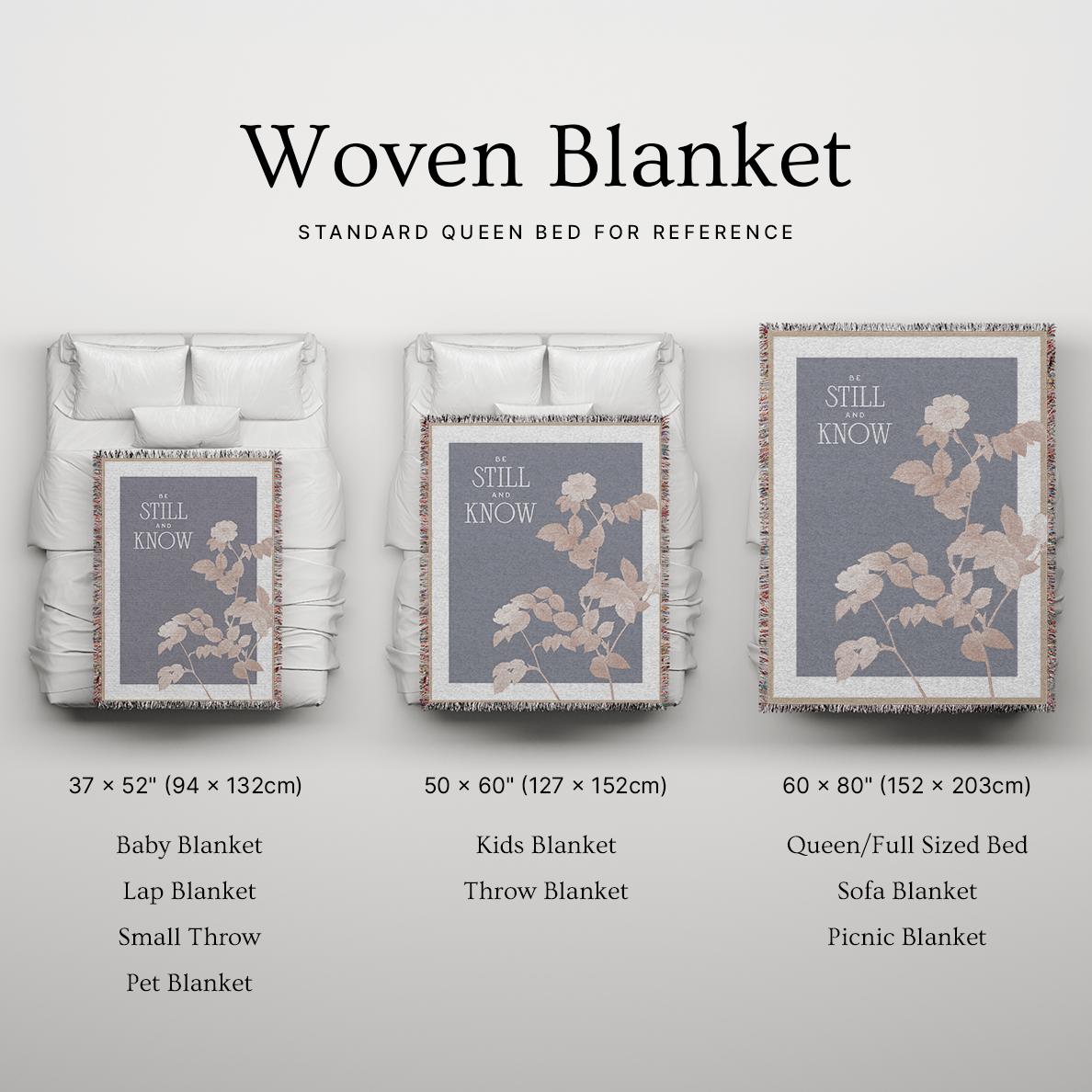 Woven blanket with different sizes displayed on a bed for reference, including baby blanket, lap blanket, small throw, pet blanket, kids blanket, throw blanket, queen/full sized bed blanket, sofa blanket, and picnic blanket.