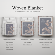 Woven blanket with different sizes displayed on a bed for reference, including baby blanket, lap blanket, small throw, pet blanket, kids blanket, throw blanket, queen/full sized bed blanket, sofa blanket, and picnic blanket.