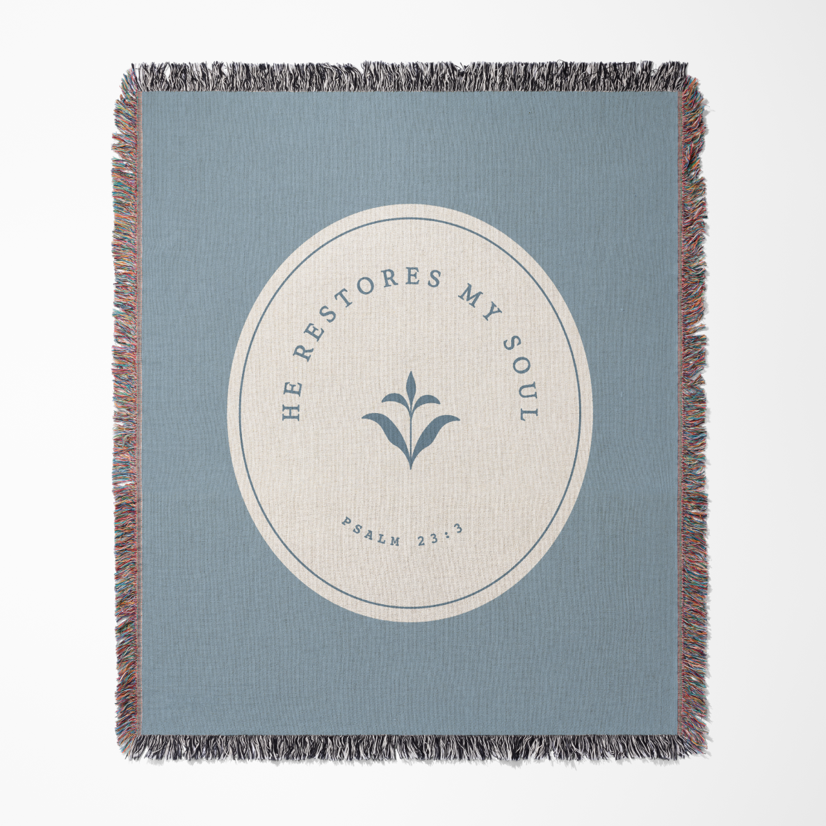 Blue blanket with text and design on a white background