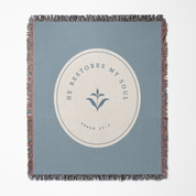 Blue blanket with text and design on a white background