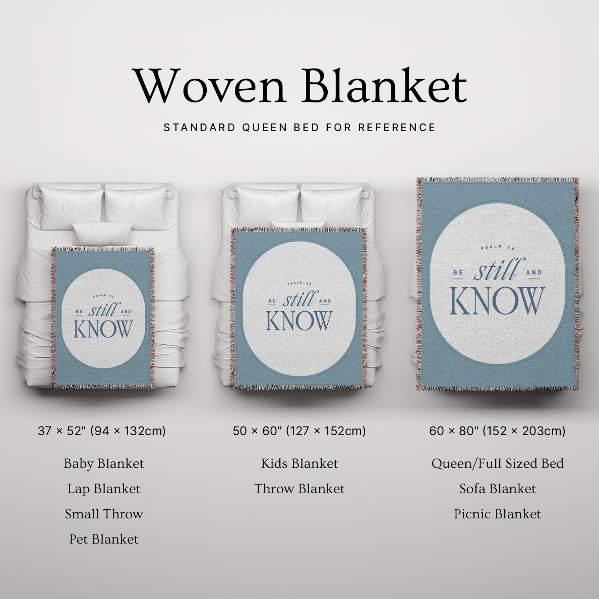 Woven blanket with size options displayed on a bed for reference.