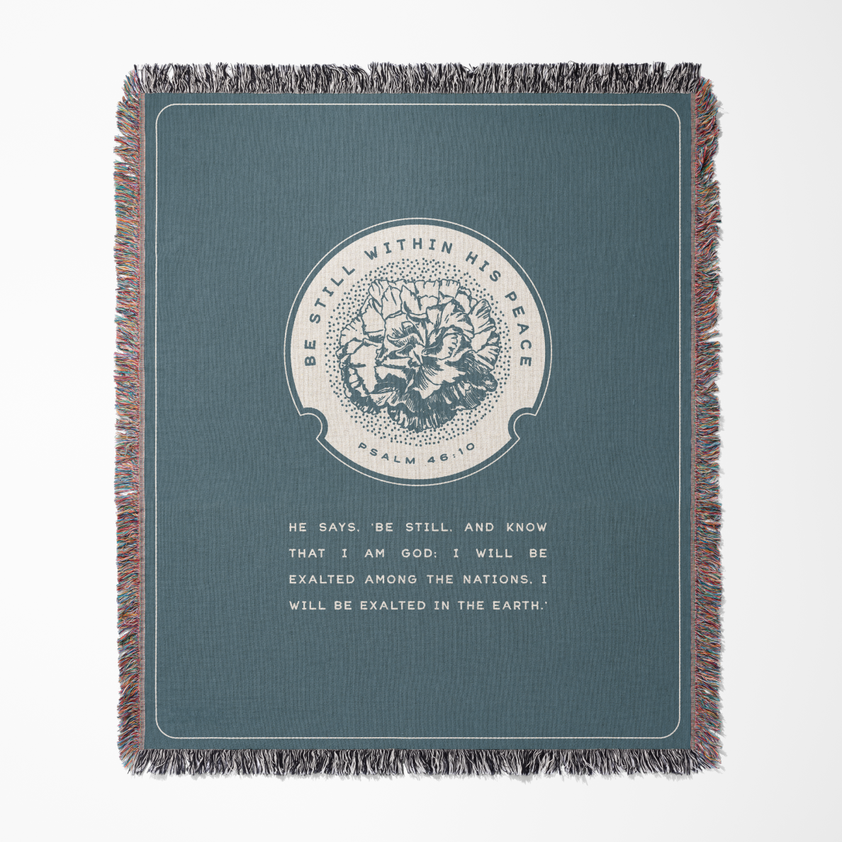 Blanket with text and design on a blue background