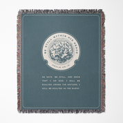 Blanket with text and design on a blue background