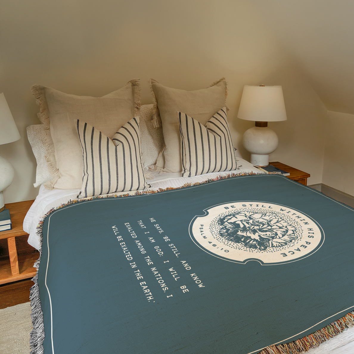 Bed with decorative pillows and a green throw blanket featuring text and a design.