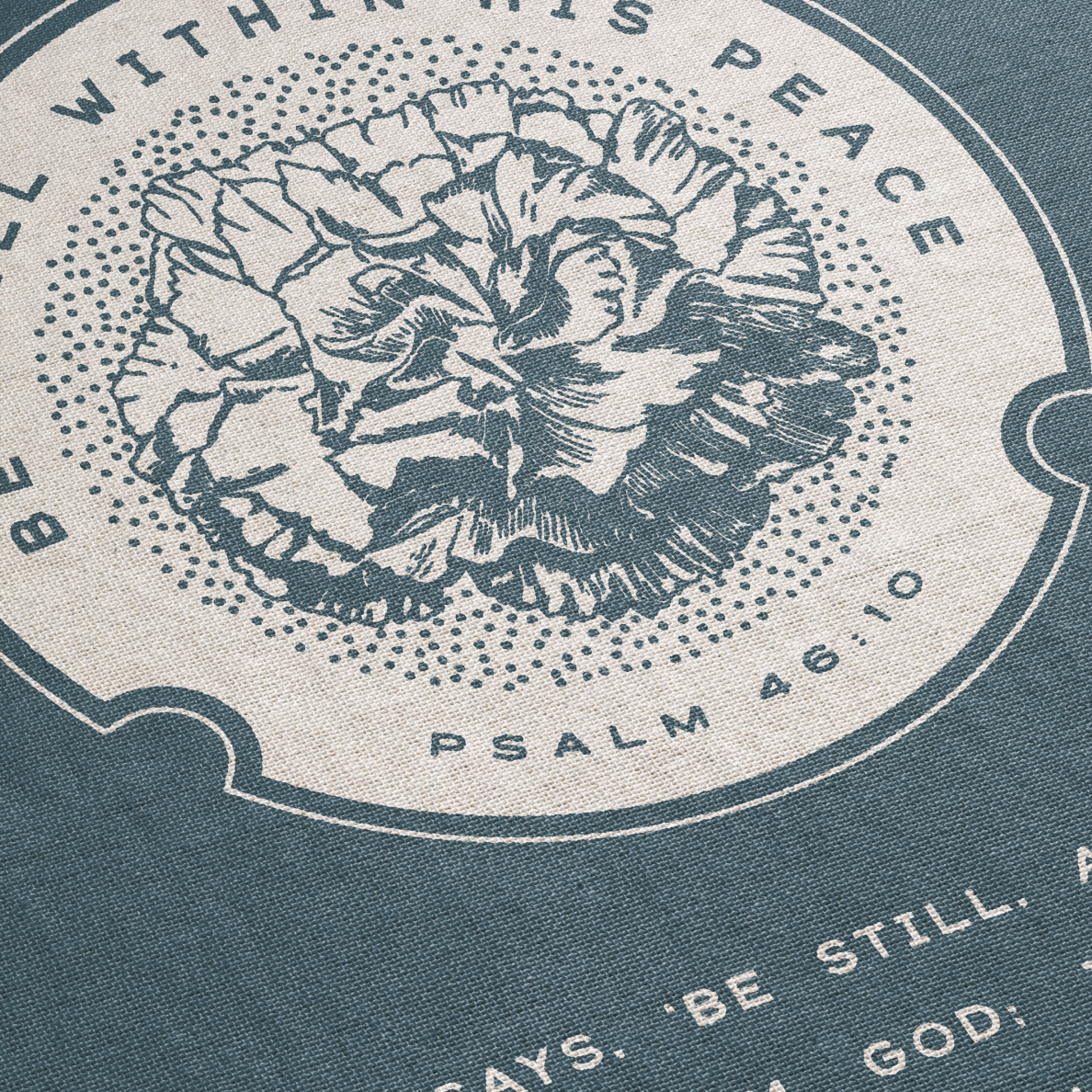 Floral design with text 'Be Still and Know That I Am God' on a blue background