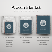 Woven blanket with different sizes displayed on a bed for reference.