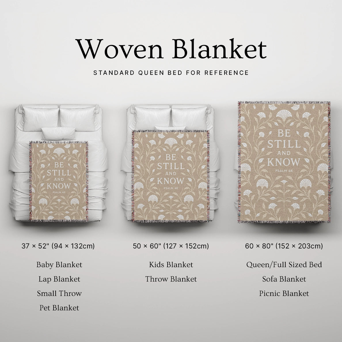 Cream-colored woven blanket with the phrase “Be still and know” from Psalm 46, made of 100% cotton with fringe; a peaceful Christian gift for nurseries or weddings.