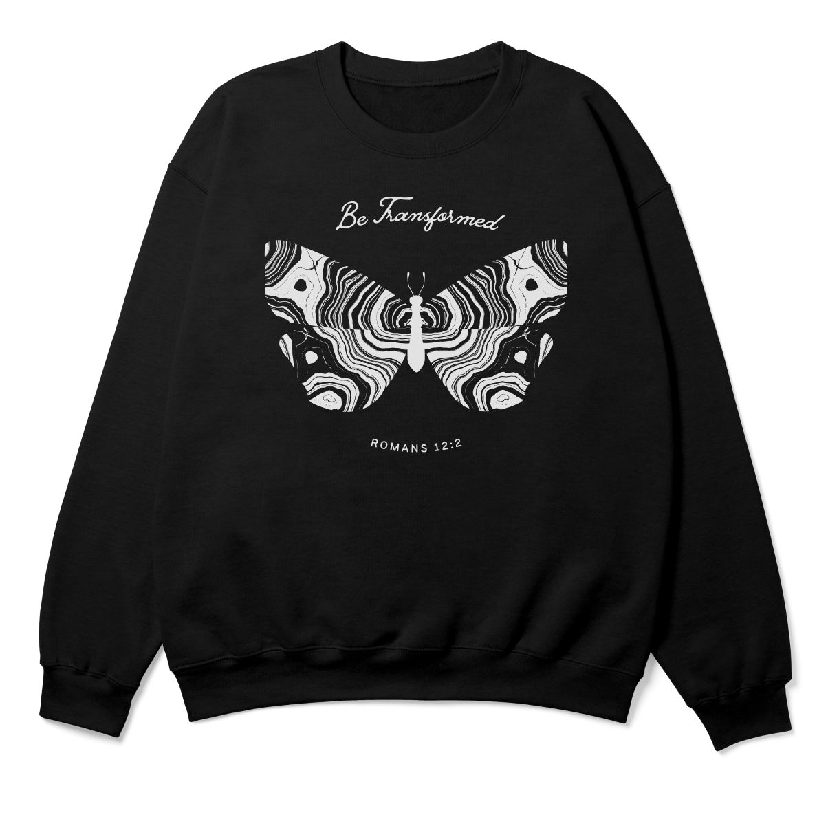 Black sweatshirt with butterfly design and text on a white background