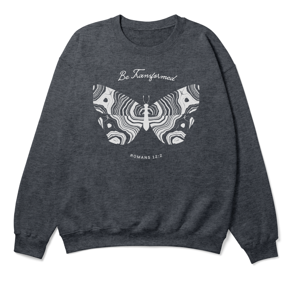 Dark gray sweatshirt with butterfly design and text on a white background