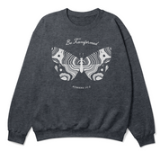 Dark gray sweatshirt with butterfly design and text on a white background