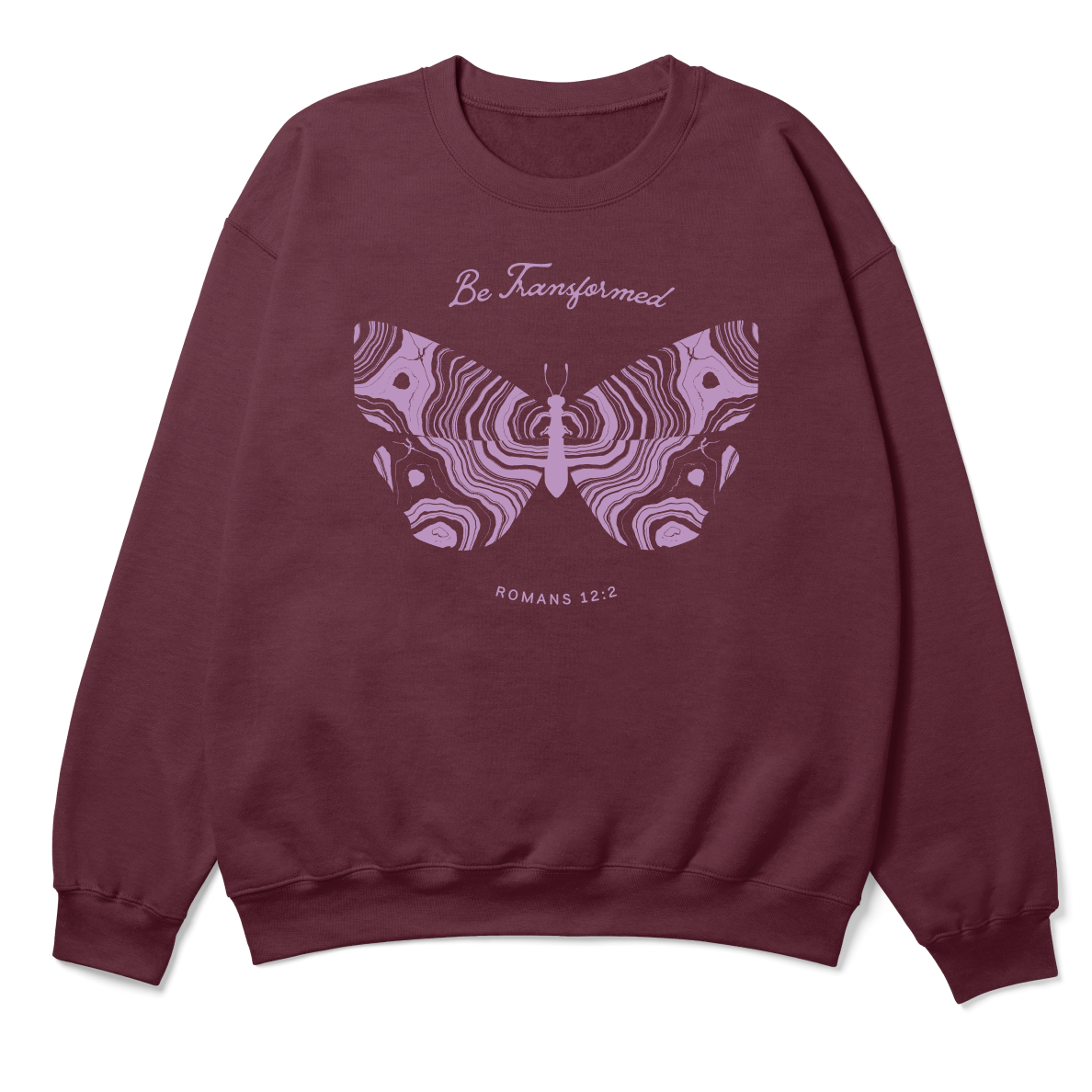 Maroon sweatshirt with butterfly design and text on a white background