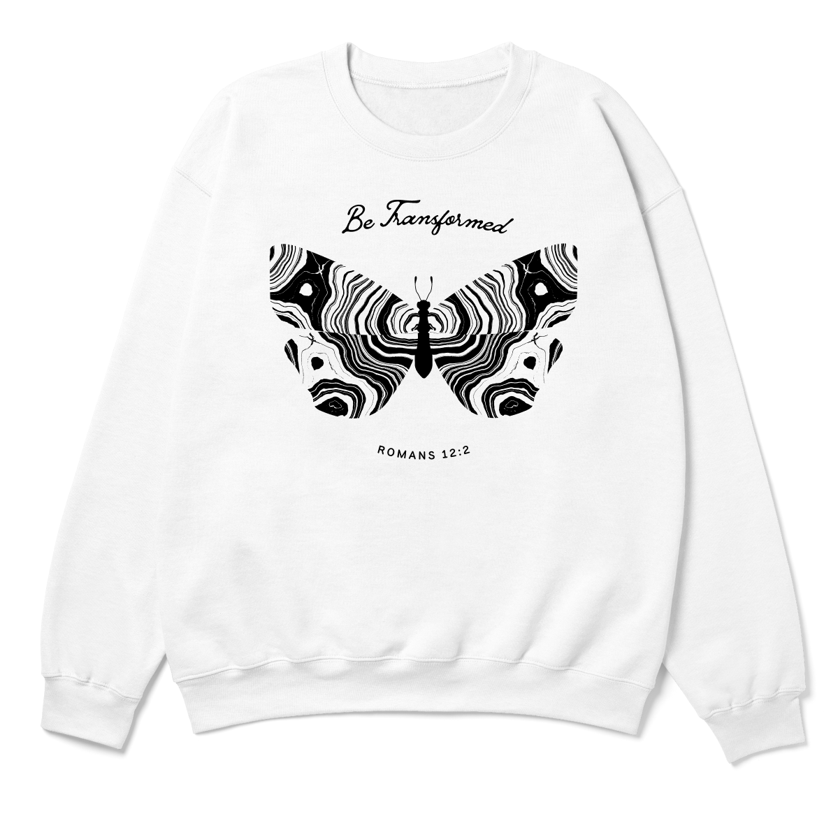 White sweatshirt with a black butterfly design and text on a white background