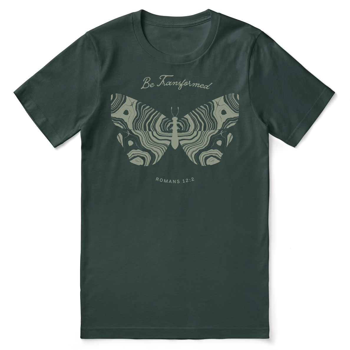 Dark green t-shirt with butterfly design and text on a white background