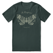 Dark green t-shirt with butterfly design and text on a white background