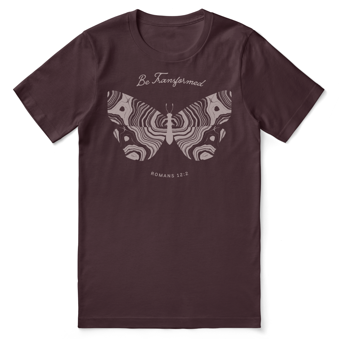 Brown t-shirt with butterfly design and text on a white background