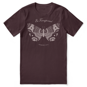 Brown t-shirt with butterfly design and text on a white background