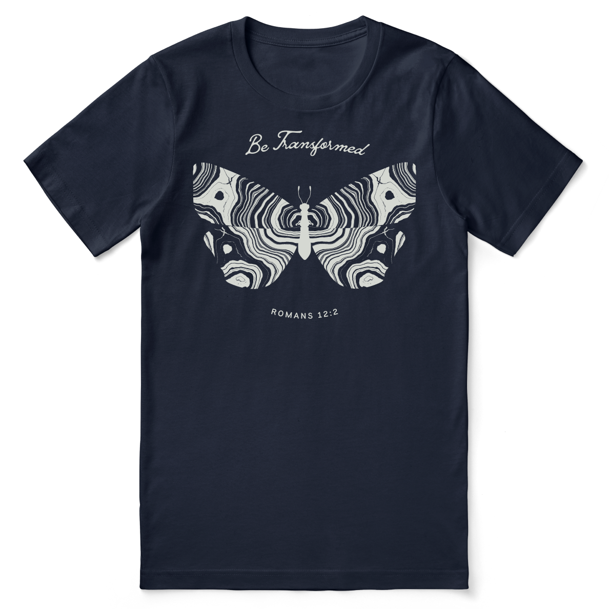 Navy blue t-shirt with butterfly design and text 'Be Transformed Romans 12:2' on a white background