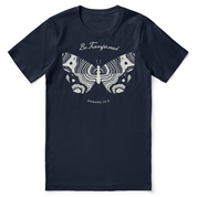 Navy blue t-shirt with butterfly design and text 'Be Transformed Romans 12:2' on a white background