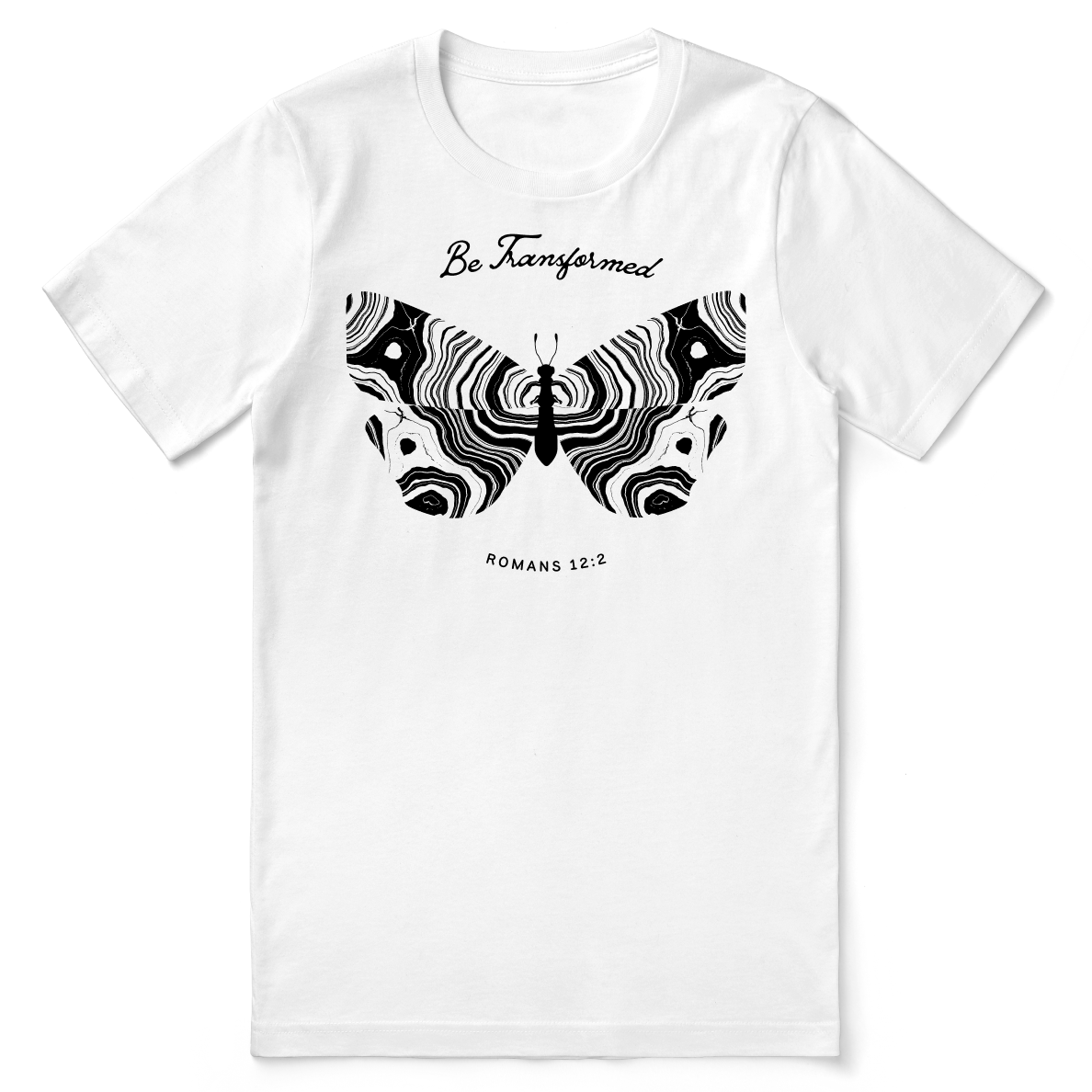 White t-shirt with black butterfly design and text 'Be Transformed Romans 12:2' on a white background