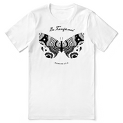 White t-shirt with black butterfly design and text 'Be Transformed Romans 12:2' on a white background