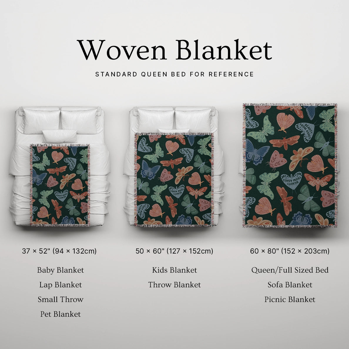 Faith-inspired woven blanket with hand-drawn butterflies and moths on a deep background, made from 100% cotton with colorful fringed edges—Christian home decor.