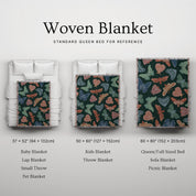 Faith-inspired woven blanket with hand-drawn butterflies and moths on a deep background, made from 100% cotton with colorful fringed edges—Christian home decor.