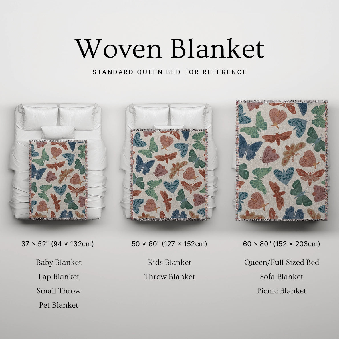 Faith-inspired woven blanket with hand-drawn butterflies and moths on a soft light background, made from 100% cotton with colorful fringed edges—Christian home decor.
